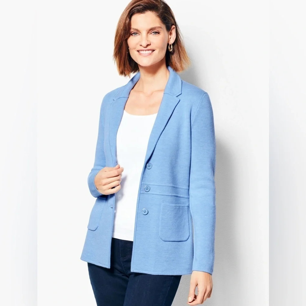 Talbots Pure Merino Wool Collared Sweater Blazer Jacket Size Medium Baby Blue